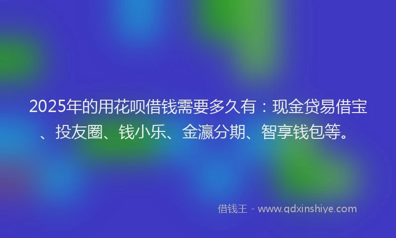 2025年的用花呗借钱需要多久有：现金贷易借宝、投友圈、钱小乐、金瀛分期、智享钱包等。