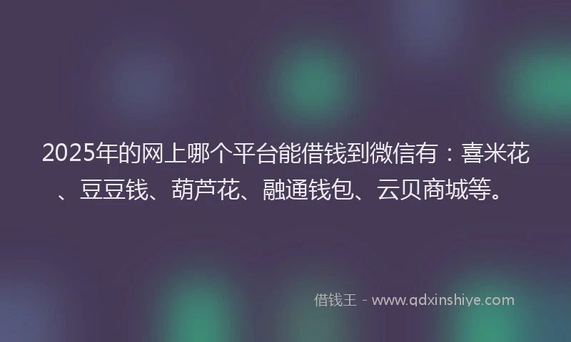 2025年的网上哪个平台能借钱到微信有：喜米花、豆豆钱、葫芦花、融通钱包、云贝商城等。