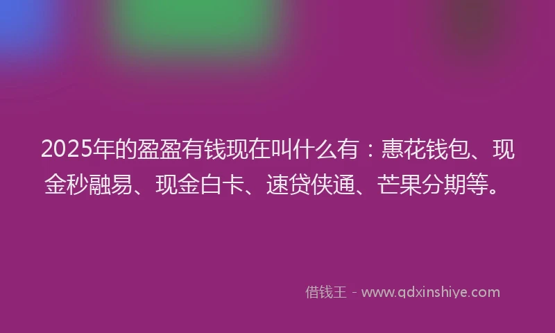 2025年的盈盈有钱现在叫什么有：惠花钱包、现金秒融易、现金白卡、速贷侠通、芒果分期等。