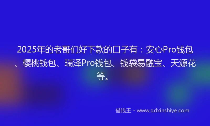 2025年的老哥们好下款的口子有:安心Pro钱包、樱桃钱包、瑞泽Pro钱包、钱袋易融宝、天源花等。