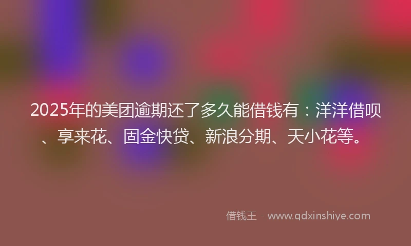 2025年的美团逾期还了多久能借钱有：洋洋借呗、享来花、固金快贷、新浪分期、天小花等。