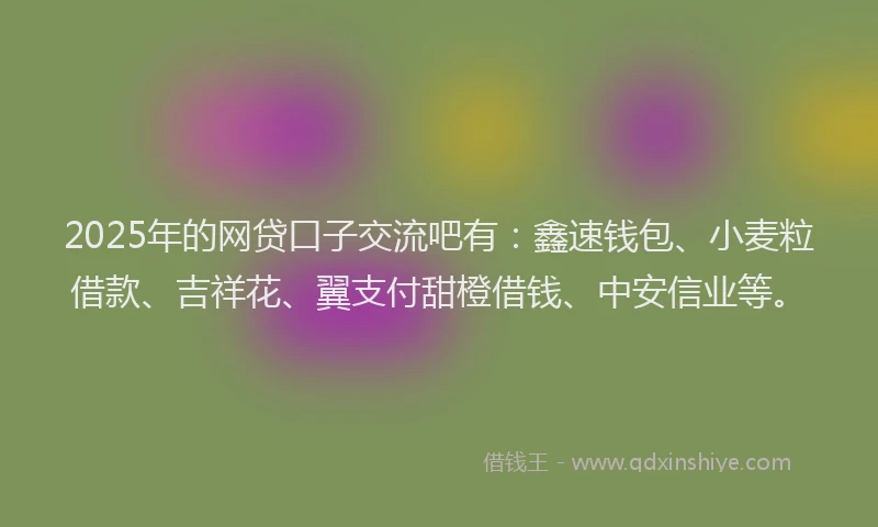 2025年的网贷口子交流吧有：鑫速钱包、小麦粒借款、吉祥花、翼支付甜橙借钱、中安信业等。