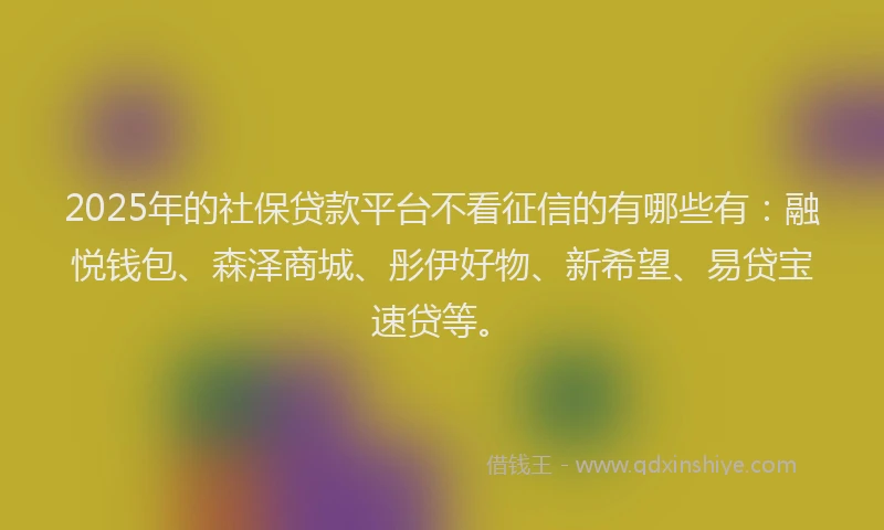 2025年的社保贷款平台不看征信的有哪些有：融悦钱包、森泽商城、彤伊好物、新希望、易贷宝速贷等。