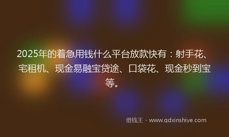 2025年的着急用钱什么平台放款快有:射手花、宅租机、现金易融宝贷途、口袋花、现金秒到宝等。