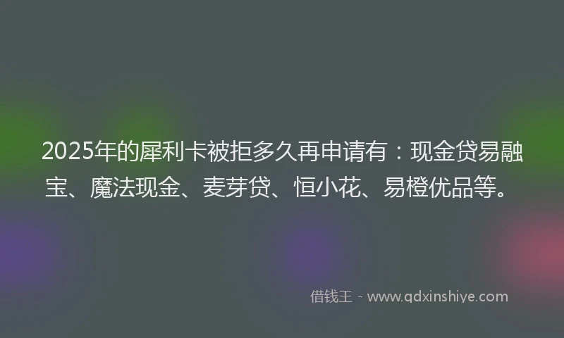 2025年的犀利卡被拒多久再申请有：现金贷易融宝、魔法现金、麦芽贷、恒小花、易橙优品等。
