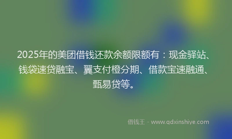 2025年的美团借钱还款余额限额有：现金驿站、钱袋速贷融宝、翼支付橙分期、借款宝速融通、甄易贷等。