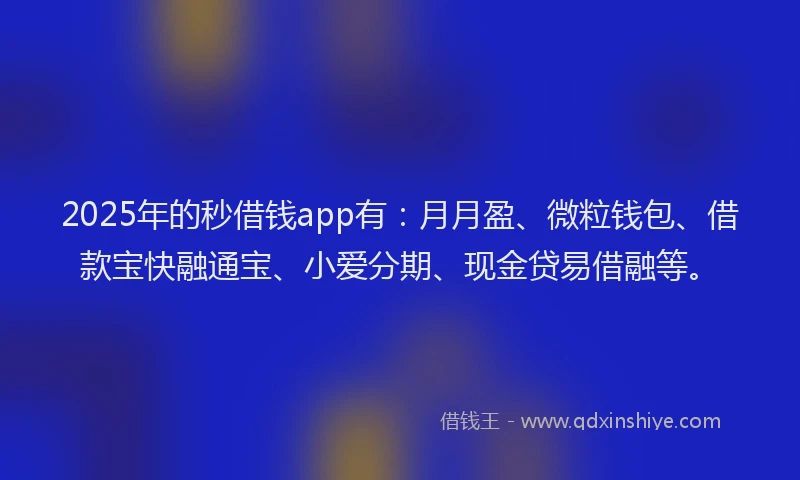 2025年的秒借钱app有:月月盈、微粒钱包、借款宝快融通宝、小爱分期、现金贷易借融等。