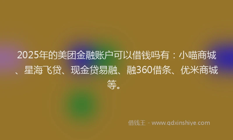 2025年的美团金融账户可以借钱吗有：小喵商城、星海飞贷、现金贷易融、融360借条、优米商城等。