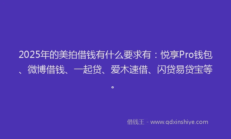 2025年的美拍借钱有什么要求有：悦享Pro钱包、微博借钱、一起贷、爱木速借、闪贷易贷宝等。