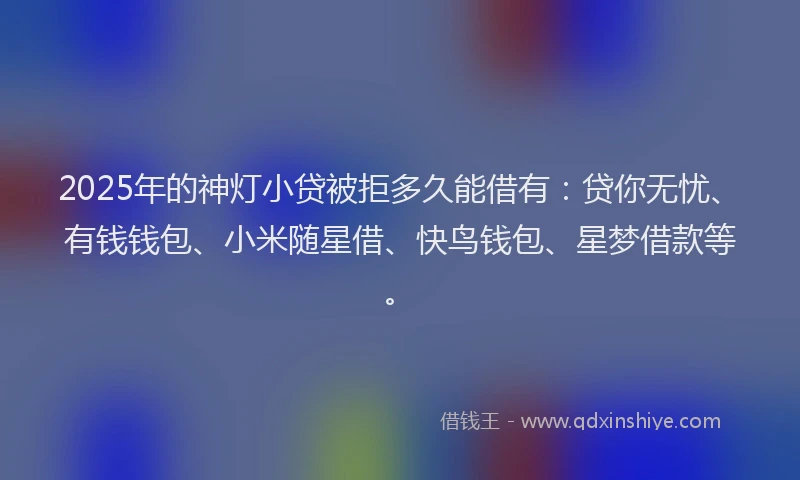2025年的神灯小贷被拒多久能借有：贷你无忧、有钱钱包、小米随星借、快鸟钱包、星梦借款等。