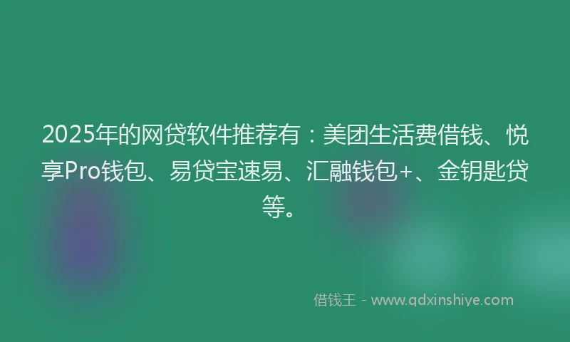 2025年的网贷软件推荐有：美团生活费借钱、悦享Pro钱包、易贷宝速易、汇融钱包+、金钥匙贷等。