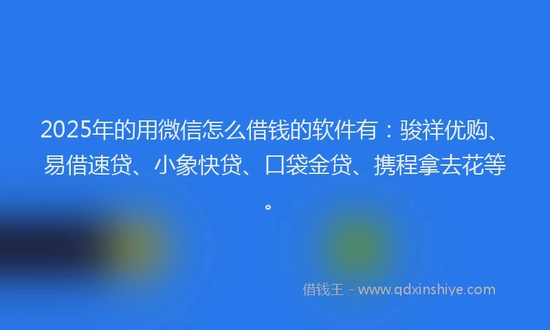 2025年的用微信怎么借钱的软件有：骏祥优购、易借速贷、小象快贷、口袋金贷、携程拿去花等。