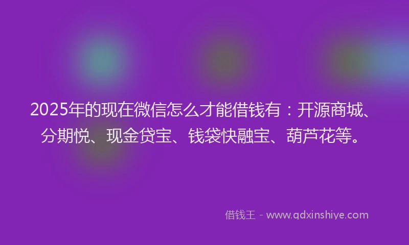 2025年的现在微信怎么才能借钱有：开源商城、分期悦、现金贷宝、钱袋快融宝、葫芦花等。