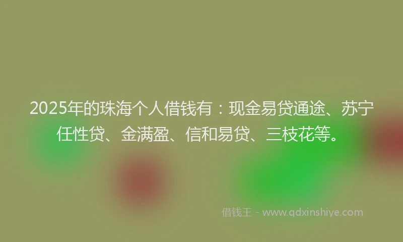 2025年的珠海个人借钱有：现金易贷通途、苏宁任性贷、金满盈、信和易贷、三枝花等。