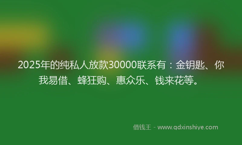 2025年的纯私人放款30000联系有：金钥匙、你我易借、蜂狂购、惠众乐、钱来花等。