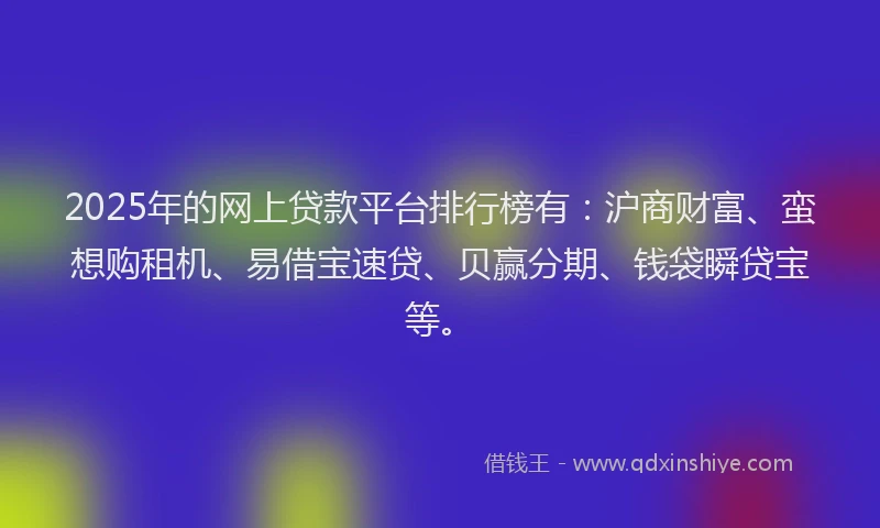 2025年的网上贷款平台排行榜有:沪商财富、蛮想购租机、易借宝速贷、贝赢分期、钱袋瞬贷宝等。