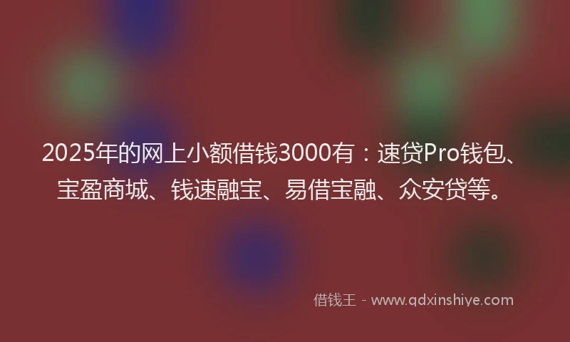 2025年的网上小额借钱3000有：速贷Pro钱包、宝盈商城、钱速融宝、易借宝融、众安贷等。