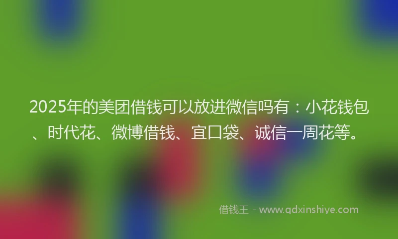 2025年的美团借钱可以放进微信吗有:小花钱包、时代花、微博借钱、宜口袋、诚信一周花等。