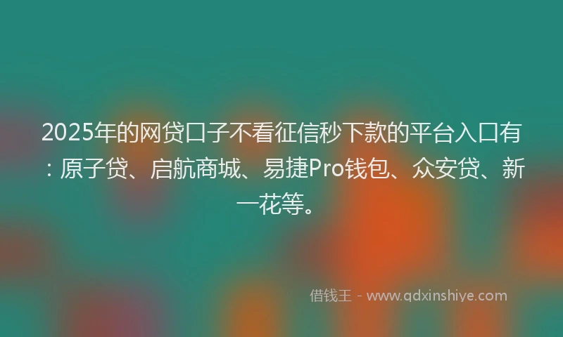 2025年的网贷口子不看征信秒下款的平台入口有：原子贷、启航商城、易捷Pro钱包、众安贷、新一花等。