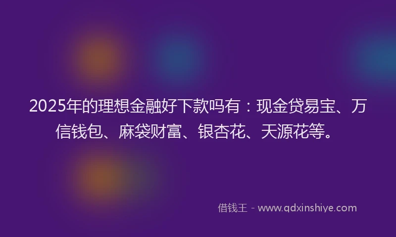 2025年的理想金融好下款吗有：现金贷易宝、万信钱包、麻袋财富、银杏花、天源花等。