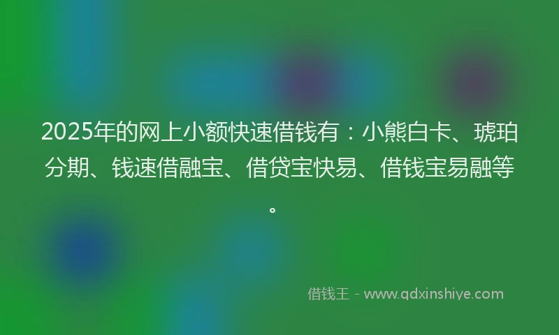 2025年的网上小额快速借钱有：小熊白卡、琥珀分期、钱速借融宝、借贷宝快易、借钱宝易融等。