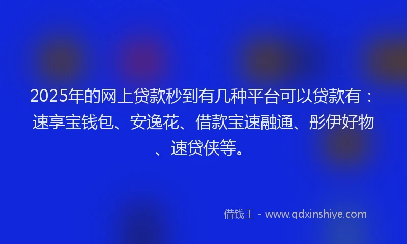 2025年的网上贷款秒到有几种平台可以贷款有:速享宝钱包、安逸花、借款宝速融通、彤伊好物、速贷侠等。
