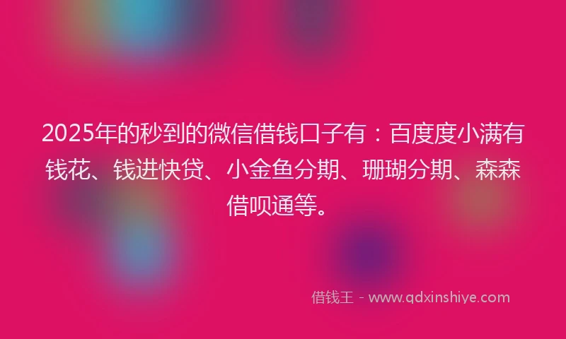2025年的秒到的微信借钱口子有：百度度小满有钱花、钱进快贷、小金鱼分期、珊瑚分期、森森借呗通等。
