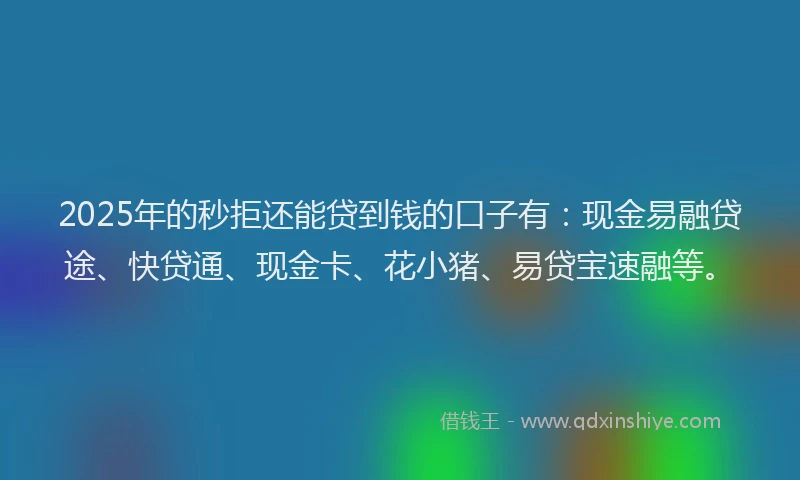 2025年的秒拒还能贷到钱的口子有:现金易融贷途、快贷通、现金卡、花小猪、易贷宝速融等。