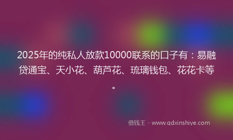2025年的纯私人放款10000联系的口子有：易融贷通宝、天小花、葫芦花、琉璃钱包、花花卡等。