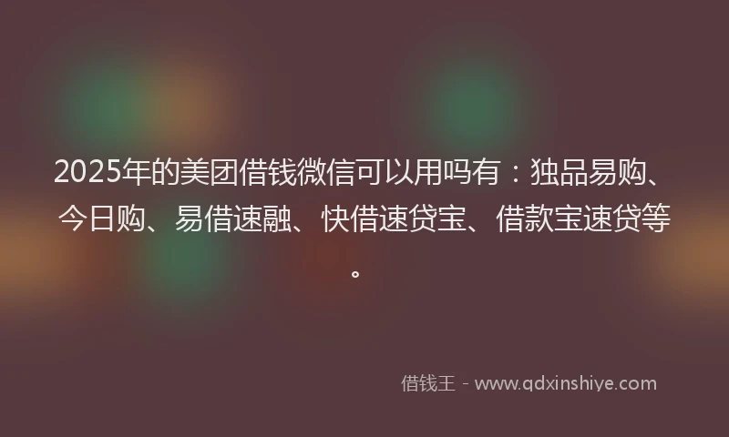 2025年的美团借钱微信可以用吗有:独品易购、今日购、易借速融、快借速贷宝、借款宝速贷等。