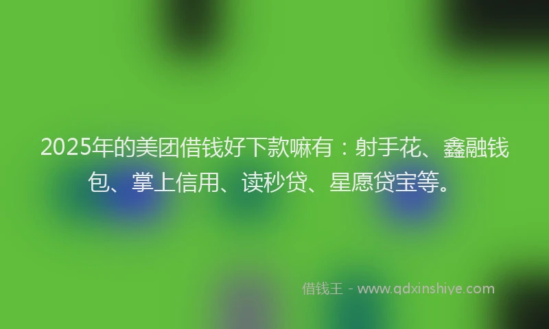 2025年的美团借钱好下款嘛有:射手花、鑫融钱包、掌上信用、读秒贷、星愿贷宝等。