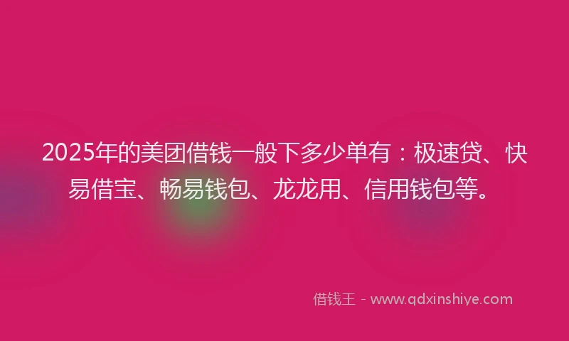 2025年的美团借钱一般下多少单有：极速贷、快易借宝、畅易钱包、龙龙用、信用钱包等。