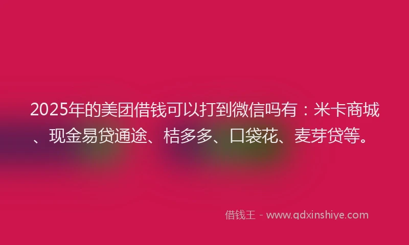 2025年的美团借钱可以打到微信吗有:米卡商城、现金易贷通途、桔多多、口袋花、麦芽贷等。