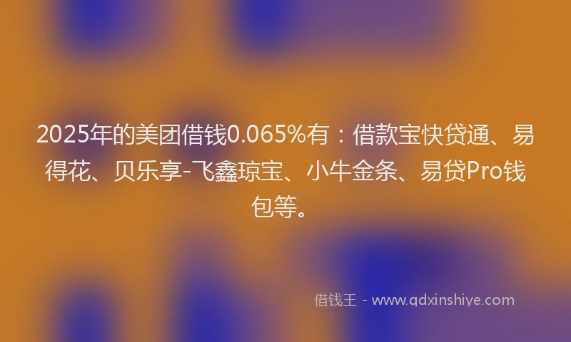 2025年的美团借钱0.065%有：借款宝快贷通、易得花、贝乐享-飞鑫琼宝、小牛金条、易贷Pro钱包等。