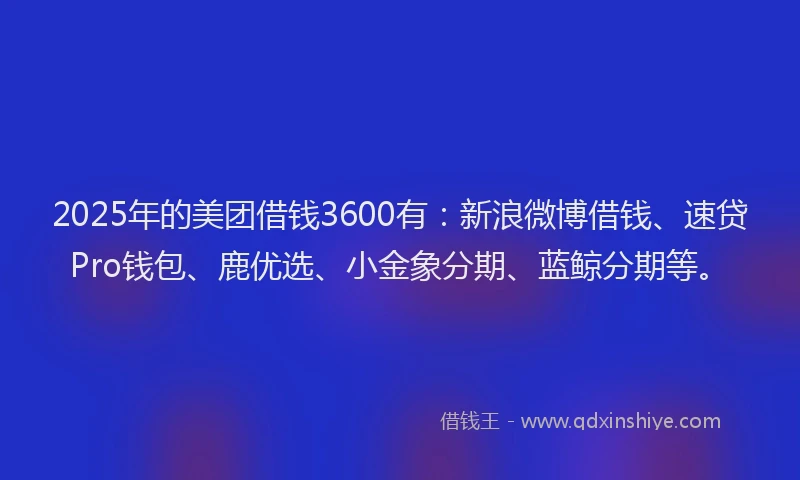 2025年的美团借钱3600有：新浪微博借钱、速贷Pro钱包、鹿优选、小金象分期、蓝鲸分期等。