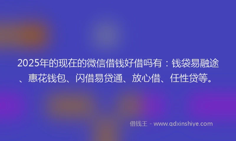 2025年的现在的微信借钱好借吗有：钱袋易融途、惠花钱包、闪借易贷通、放心借、任性贷等。