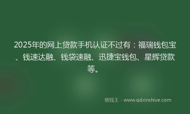 2025年的网上贷款手机认证不过有:福瑞钱包宝、钱速达融、钱袋速融、迅捷宝钱包、星辉贷款等。