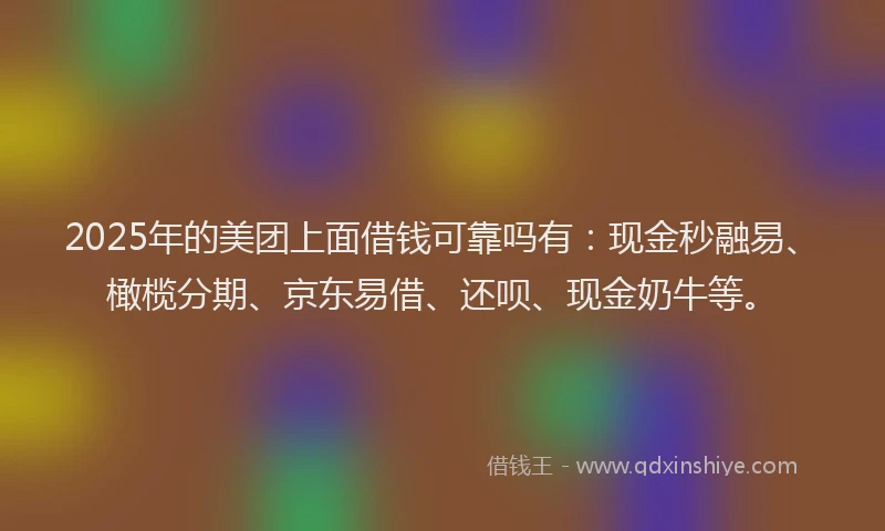 2025年的美团上面借钱可靠吗有:现金秒融易、橄榄分期、京东易借、还呗、现金奶牛等。