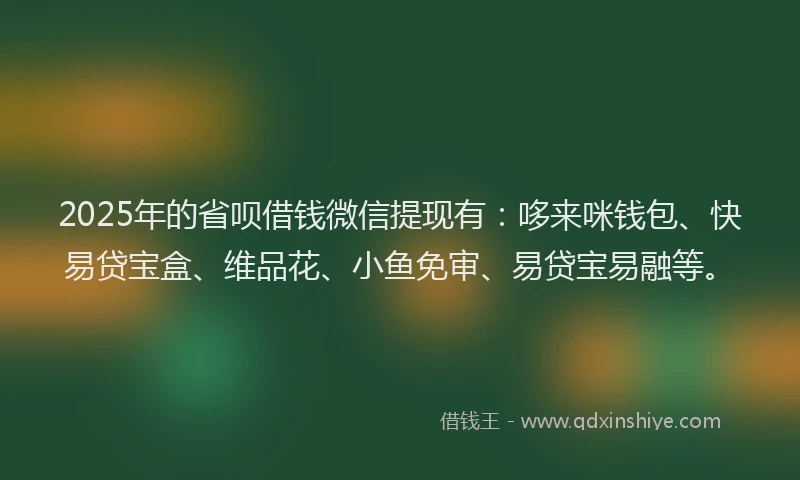 2025年的省呗借钱微信提现有：哆来咪钱包、快易贷宝盒、维品花、小鱼免审、易贷宝易融等。