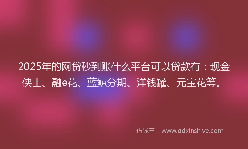 2025年的网贷秒到账什么平台可以贷款有:现金侠士、融e花、蓝鲸分期、洋钱罐、元宝花等。