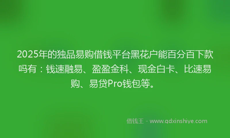 2025年的独品易购借钱平台黑花户能百分百下款吗有：钱速融易、盈盈金科、现金白卡、比速易购、易贷Pro钱包等。