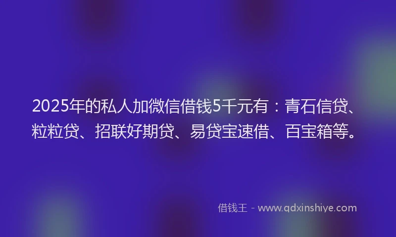 2025年的私人加微信借钱5千元有：青石信贷、粒粒贷、招联好期贷、易贷宝速借、百宝箱等。