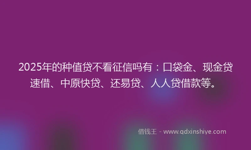 2025年的种值贷不看征信吗有:口袋金、现金贷速借、中原快贷、还易贷、人人贷借款等。