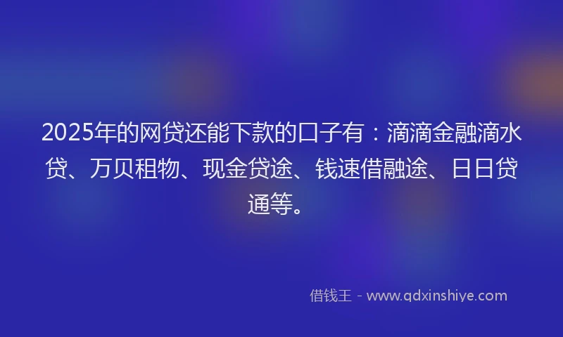 2025年的网贷还能下款的口子有：滴滴金融滴水贷、万贝租物、现金贷途、钱速借融途、日日贷通等。