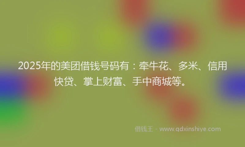 2025年的美团借钱号码有:牵牛花、多米、信用快贷、掌上财富、手中商城等。