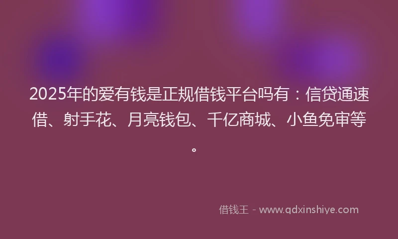 2025年的爱有钱是正规借钱平台吗有：信贷通速借、射手花、月亮钱包、千亿商城、小鱼免审等。