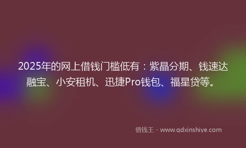 2025年的网上借钱门槛低有：紫晶分期、钱速达融宝、小安租机、迅捷Pro钱包、福星贷等。