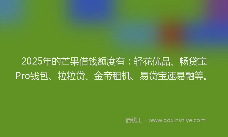 2025年的芒果借钱额度有：轻花优品、畅贷宝Pro钱包、粒粒贷、金帝租机、易贷宝速易融等。