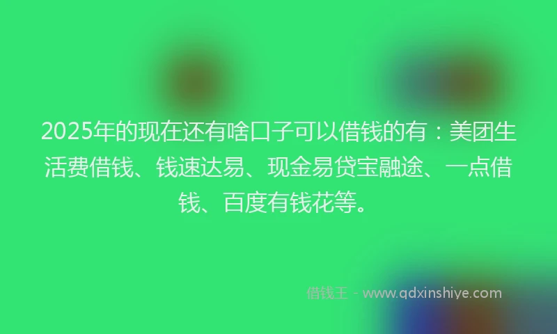 2025年的现在还有啥口子可以借钱的有：美团生活费借钱、钱速达易、现金易贷宝融途、一点借钱、百度有钱花等。