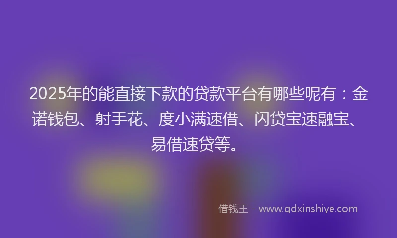 2025年的能直接下款的贷款平台有哪些呢有：金诺钱包、射手花、度小满速借、闪贷宝速融宝、易借速贷等。